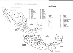 [ai] A black and white map of Mexico, displaying its states and numbered regions, with labels for each state. The map includes adjacent countries: Belize and Guatemala, as well as oceans labeled on the bottom.